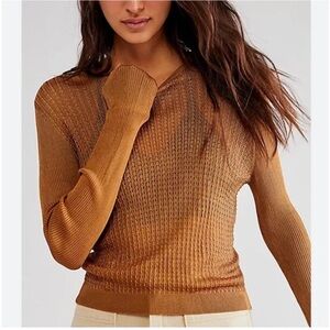 NWT Free People H2O Crew Pullover Open Stitch Knit Top Gold